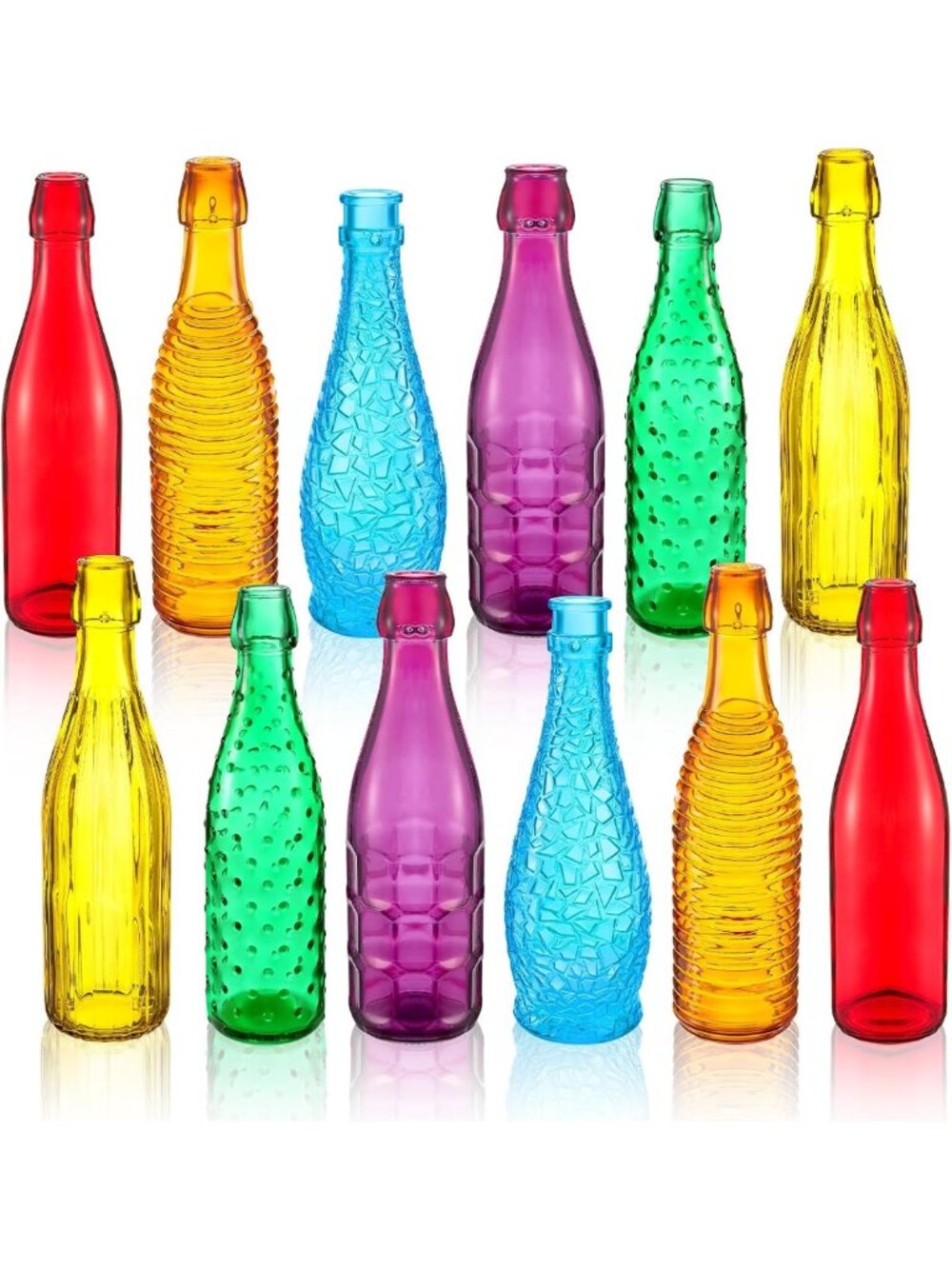 12 Pcs Colored Glass Bottles Set - 6 Shapes & Colors, Decorative Vases for Home
